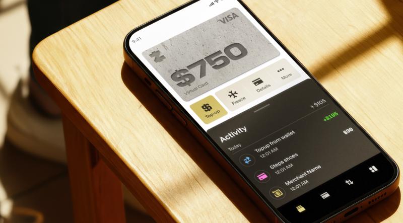 ZAR wallet app showing Visa card and $750 balance